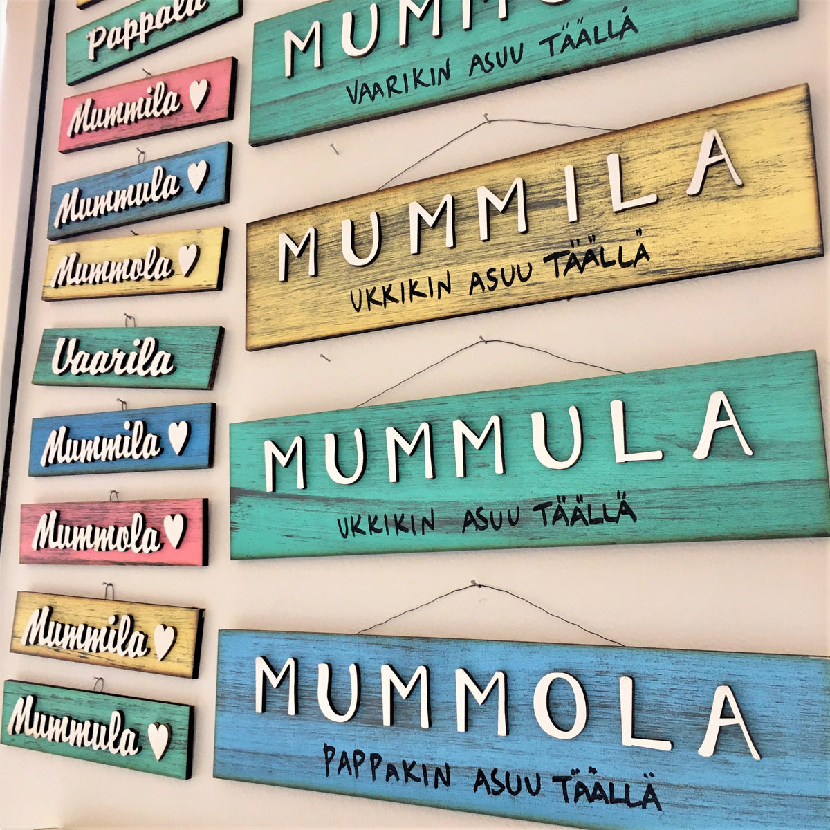 Mummola-kyltti tekstillä, useita erilaisia